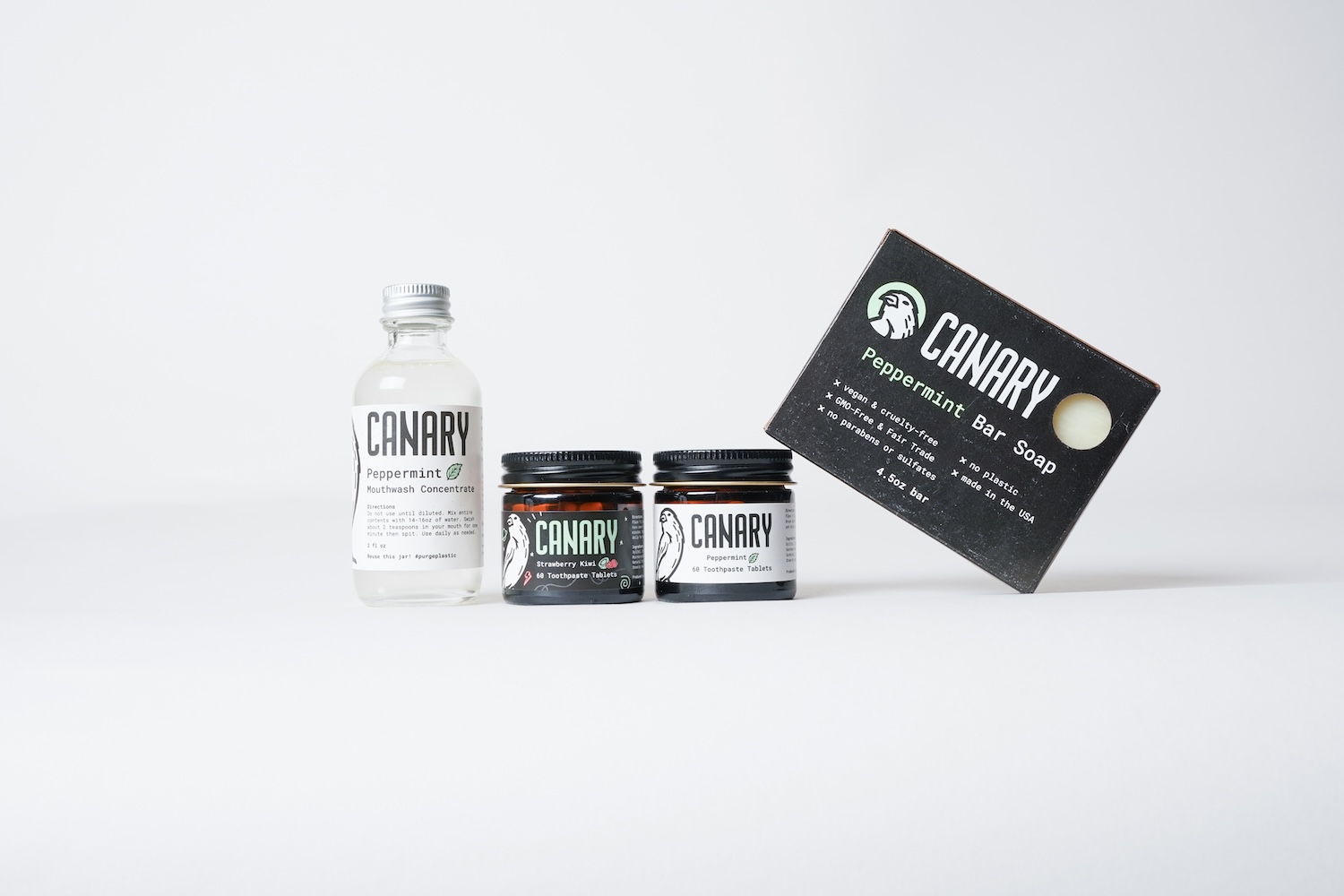 Canary Clean Products concentrated products lineup - mouthwash toothpaste and bar soap concentrates