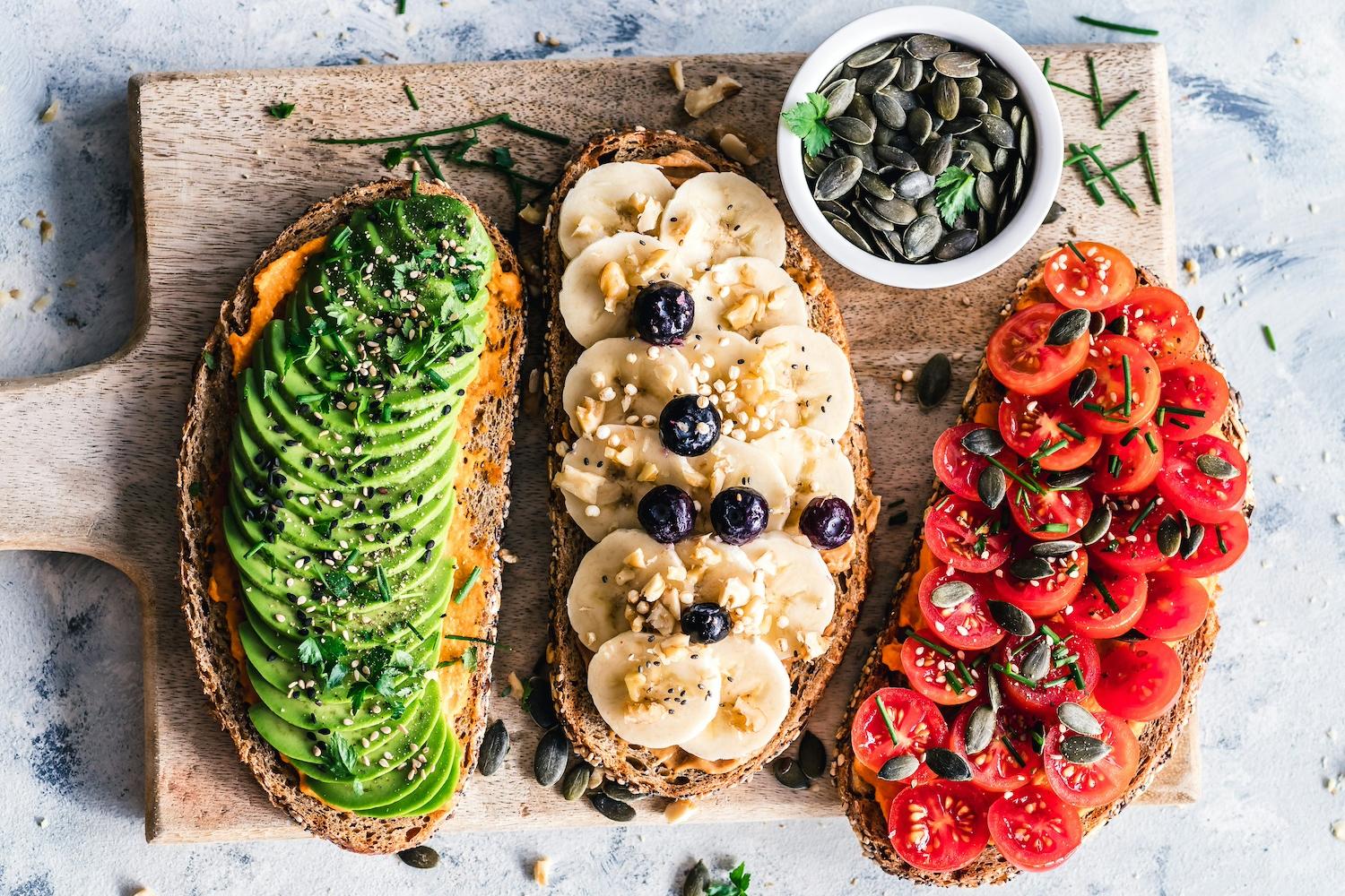 Vegetables and fruits on toast - plant-based foods