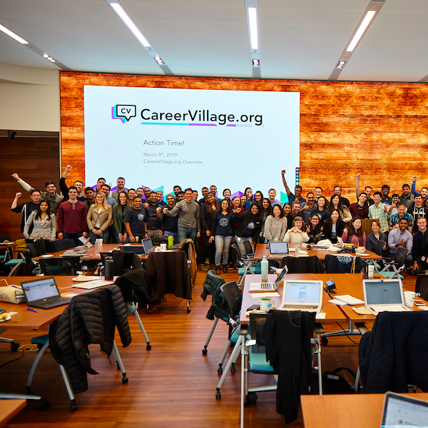 careerVillage team at a meeting - nonprofit that created an AI driven chatbot to help students perfect their resumes and grow careers