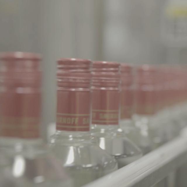 Glass bottles on a production line. 