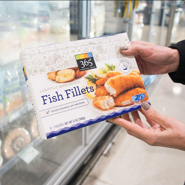 Marine Stewardship Council label on a package of fish fillets — green labels on products