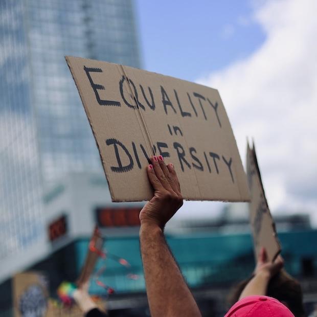 person holding protest sign that reads 'equality in diversity' - diversity hiring