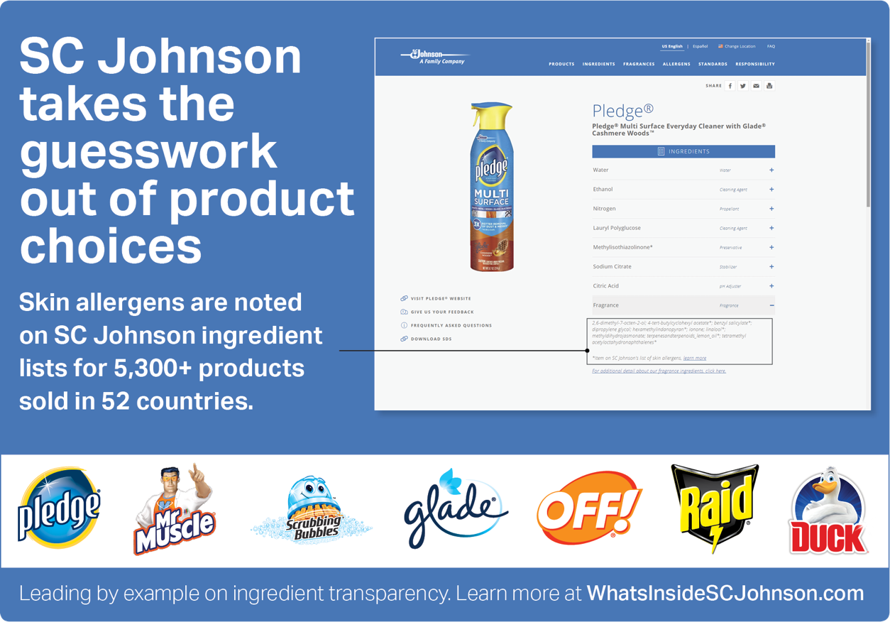 CSRWire - SC Johnson Goes Above and Beyond Regulatory and Industry  Standards With Skin Allergen Transparency