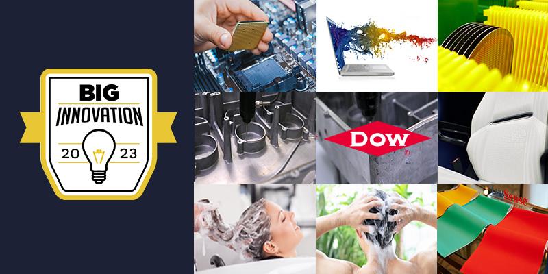 Grid of 9 photos showing Dow products and the Dow logo alongside "Big Innovation" logo