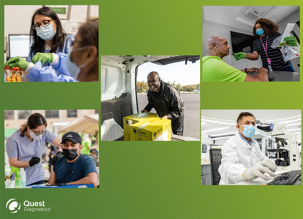 Collage of 5 Quest Diagnostics employees working various jobs