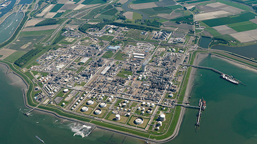 aerial image of treatment plant surrounded by water