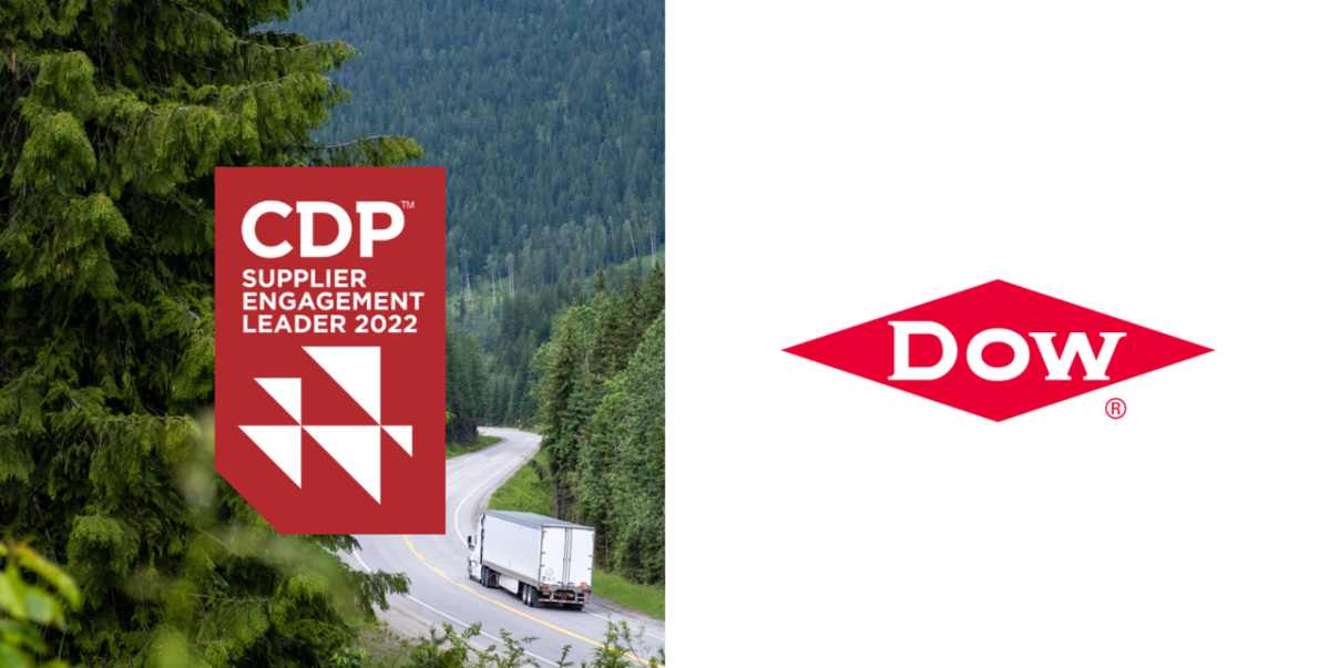 CDP red and white graphic on top of an image of a road winding through a forest and next to a white box with the Dow logo