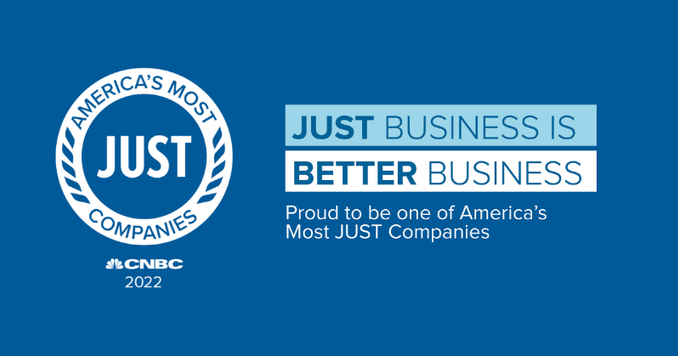 Logo with text: "JUST BUSINESS IS BETTER BUSINESS, Proud to be one of America's Most JUST Companies."