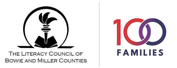 Logos for The literacy council of Bowie and Miller counties, and 100 Families.