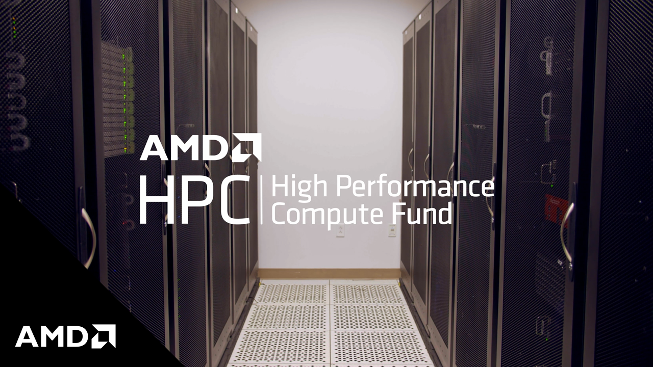 "AMD HPC High Performance Compute Fund" over image of room full of large servers