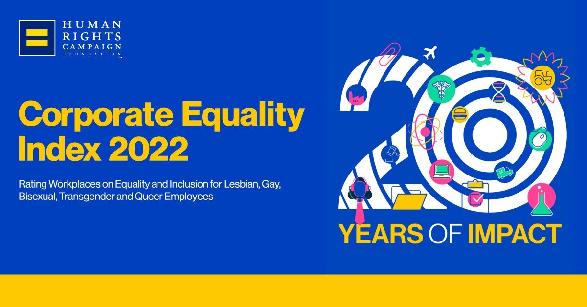 Corporate Equality Index 2022 logo and banner image reading, "20 years of impact"