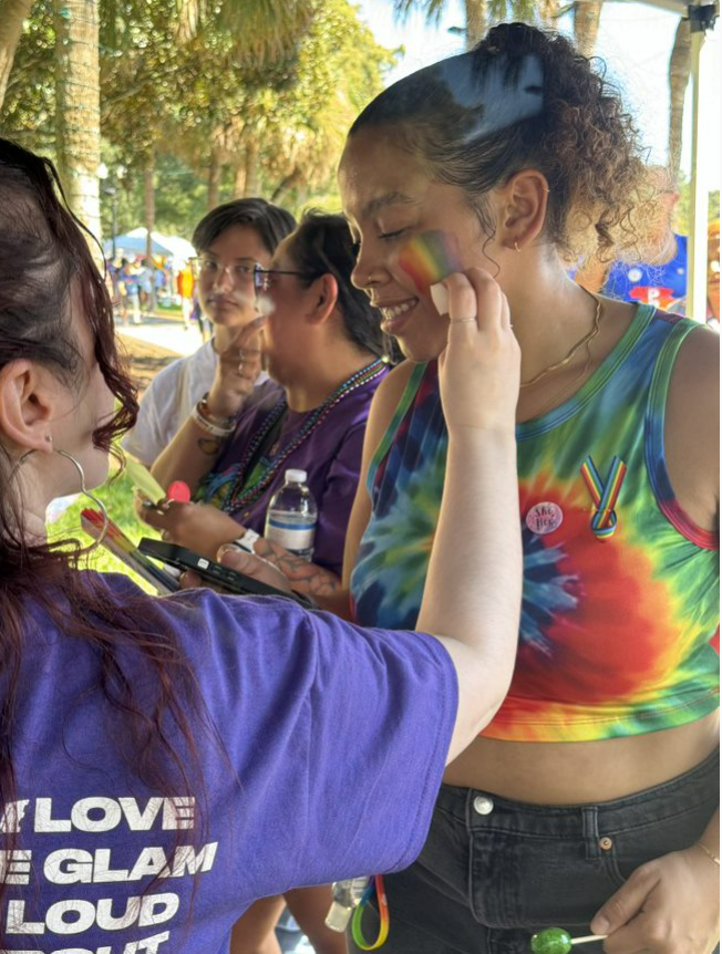 Person having a rainbow painted on their face