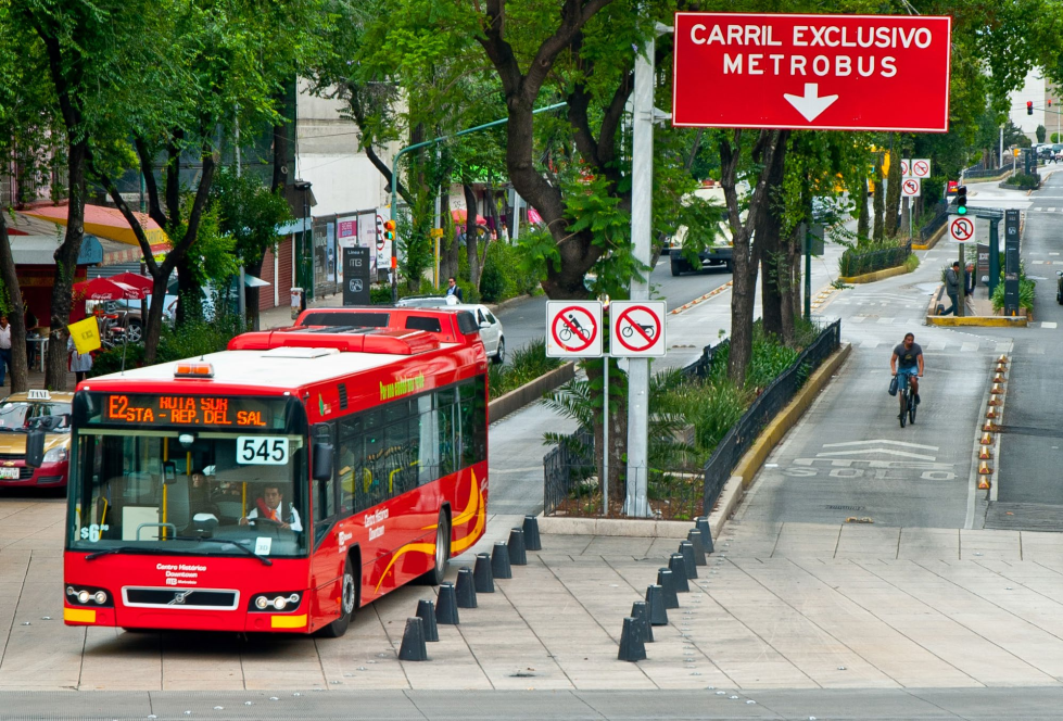 Bus driving down the street