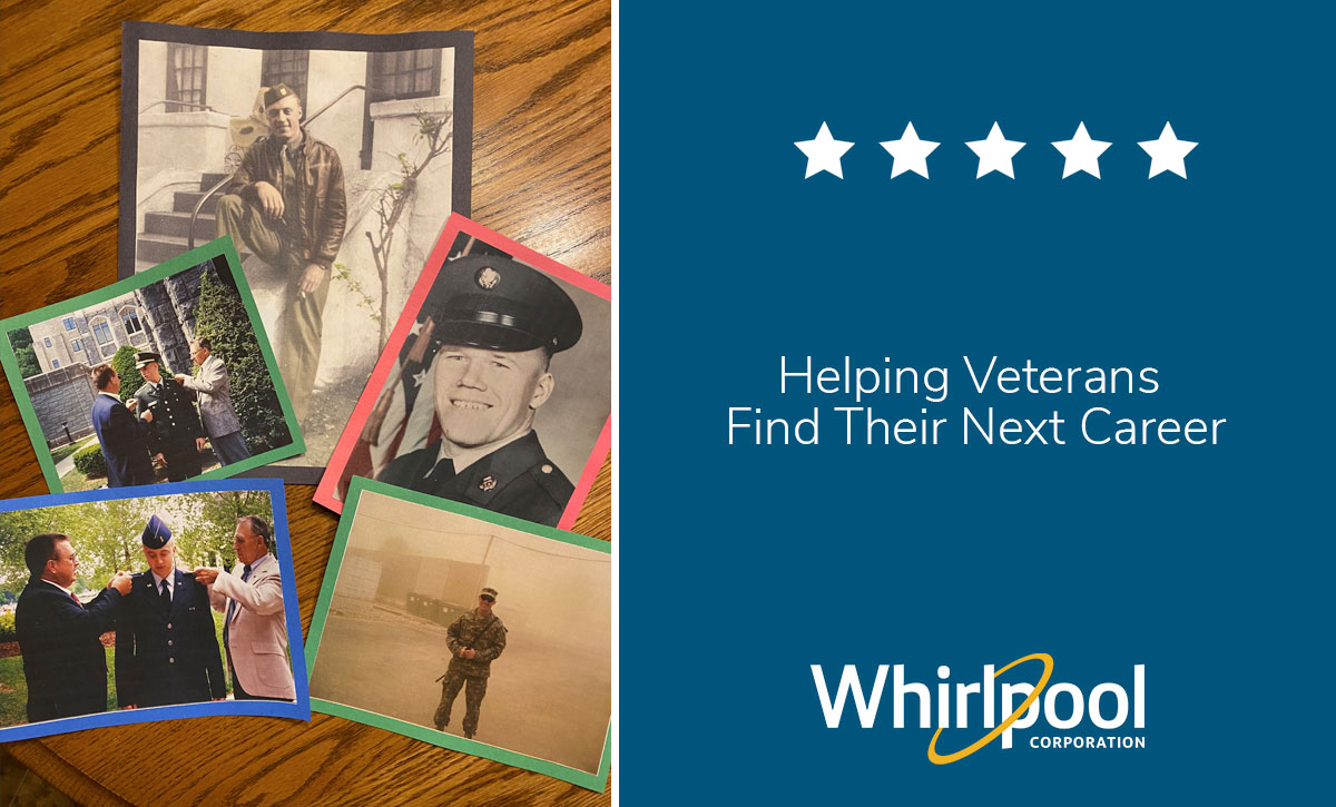 Snapshots of service members with the words "Helping Veterans Find Their Next Career" and the Whirlpool logo