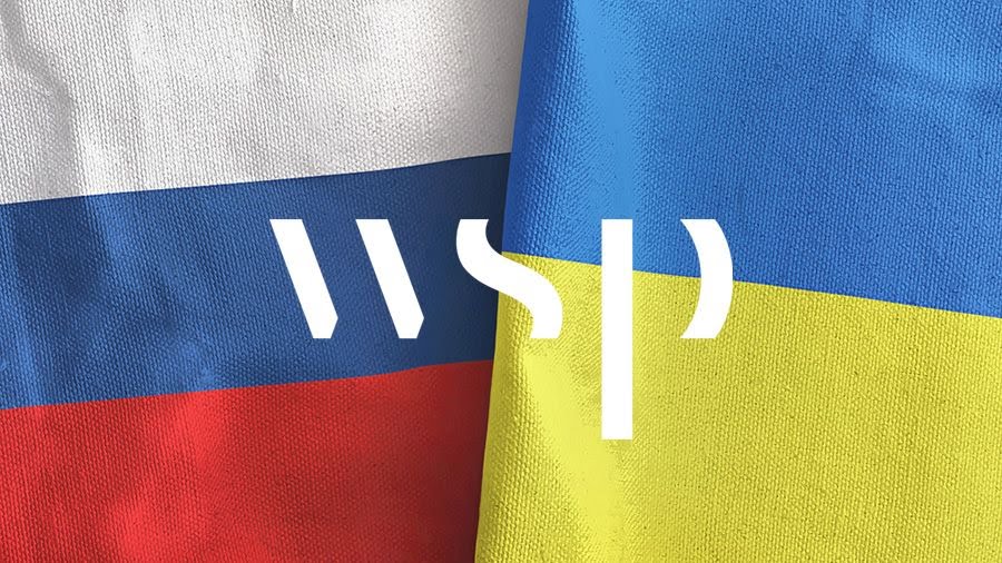 Russian Flag next to Ukrainian flag with WSP inlaid over it
