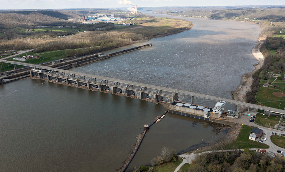 aerial view of hydroelectric dam on a river