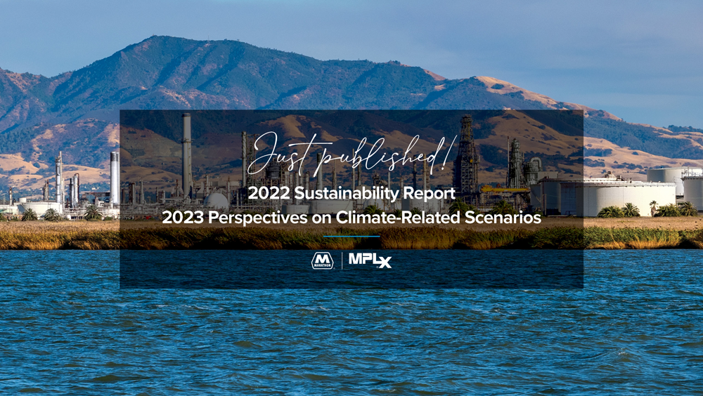 A scenic background and body of water. "Just Published! 2022 Sustainability Report 2023 Perspectives on Climate-Related Scenarios" and Marathon logo.