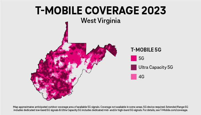 Info graphic "T-Mobile Coverage 2023 West Virginia"