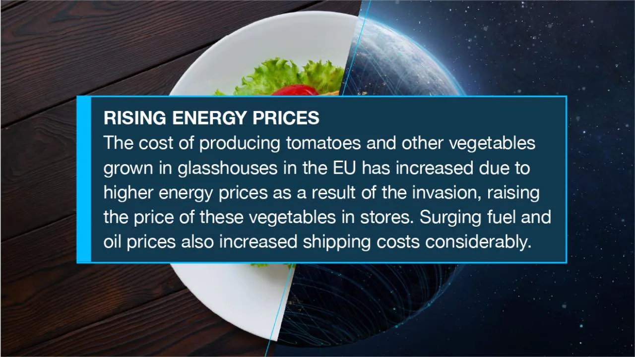 RISING ENERGY PRICES  The cost of producing tomatoes and other vegetables grown in glasshouses in the EU has increased due to higher energy prices as a result of the invasion, raising the price of these vegetables in stores. Surging fuel and oil prices also increased shipping costs considerably.