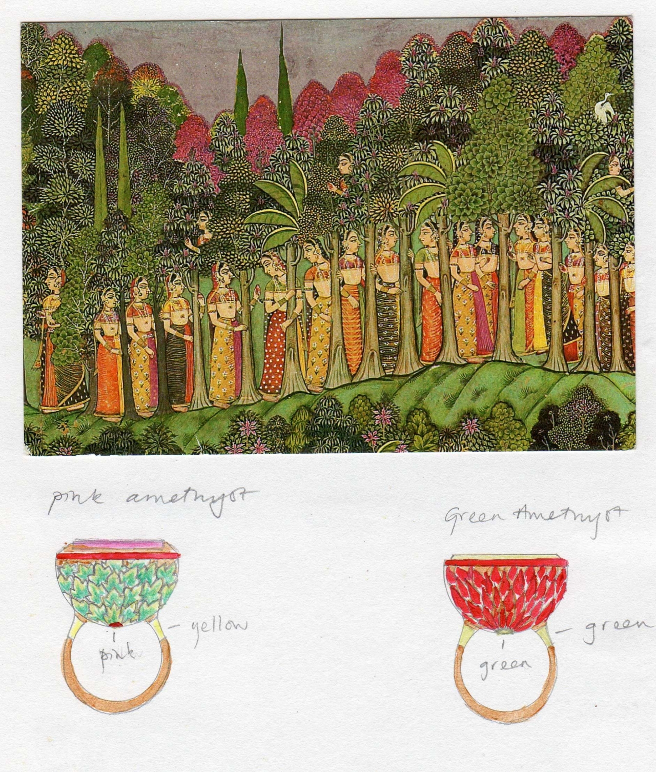 Ancient Indian Art which that has served as inspiration for Alice Cicolini’s work coupled with her drawings for 22-kt gold meenakari enameled rings to be made in Jaipur. Reproduced in Bejeweled: The World of Ethical Jewelry (K Roderick, Rizzoli 2019, p. 17.