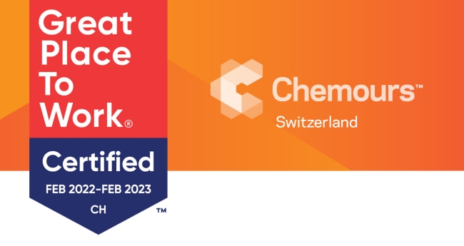 Chemours Switzerland logo with "Great Place to Work Certified Feb 2022-Feb 2023 CH" emblem