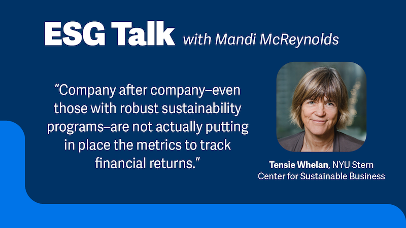 ESG Talk with Mandi McReynolds. "Company after company-even those with robust sustainability programs-are not actually putting in place the metrics to track financial returns. Tensie Whelan