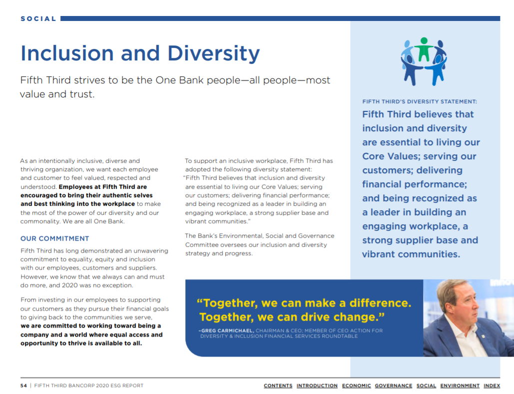 Page reading, "Inclusion and Diversity: Fifth Third strives to be the One Bank people—all people—most value and trust"