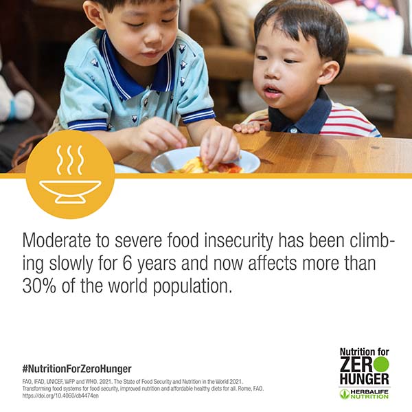 info graphic two young children at a table with a bowl of food. Reads: Moderate to severe food insecurity has been climbing slowly for 6 years and now affects more that 30% of the world population. #Nutrition for zero hunger Herbalife Nutrition