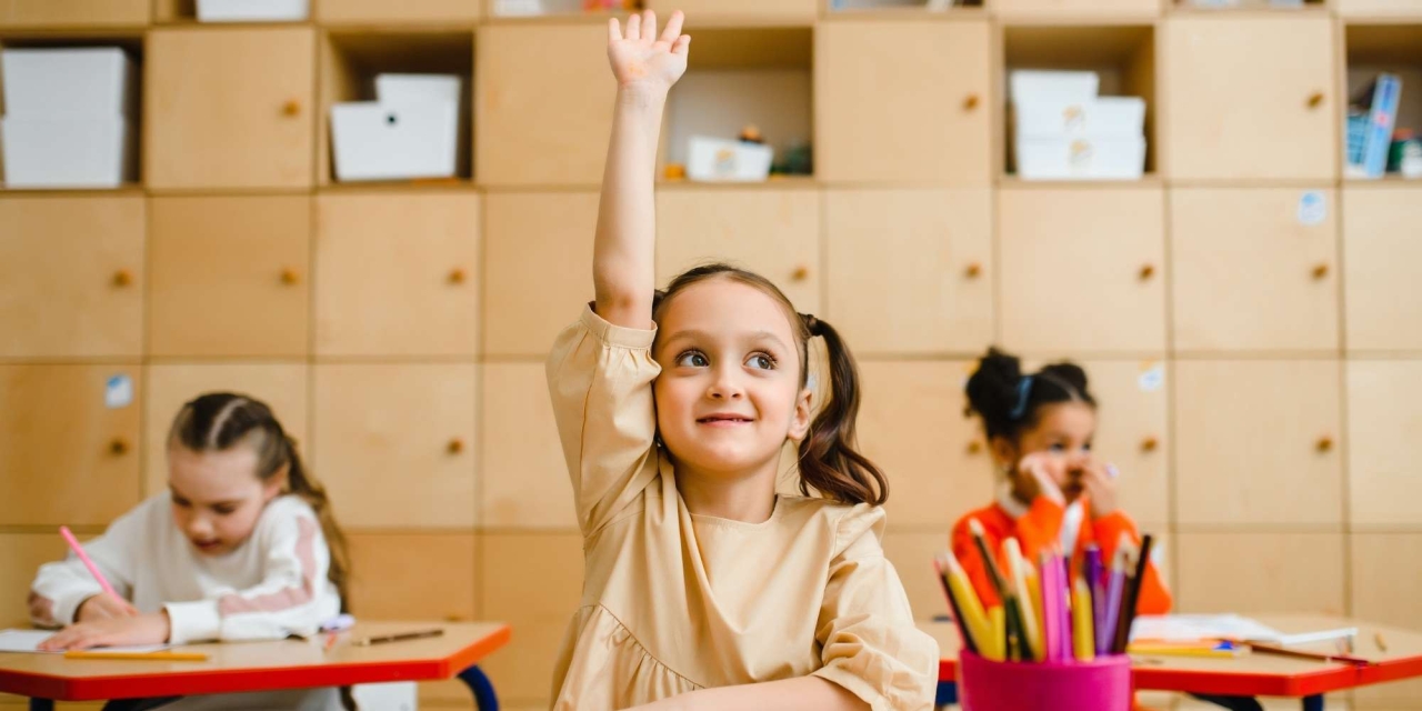 Student raising hand in classroom