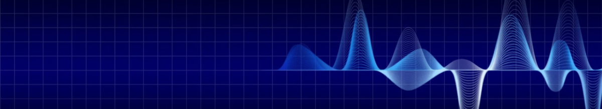 On a dark blue background, mid way white sound wave type image appears and gets bolder further to the right.