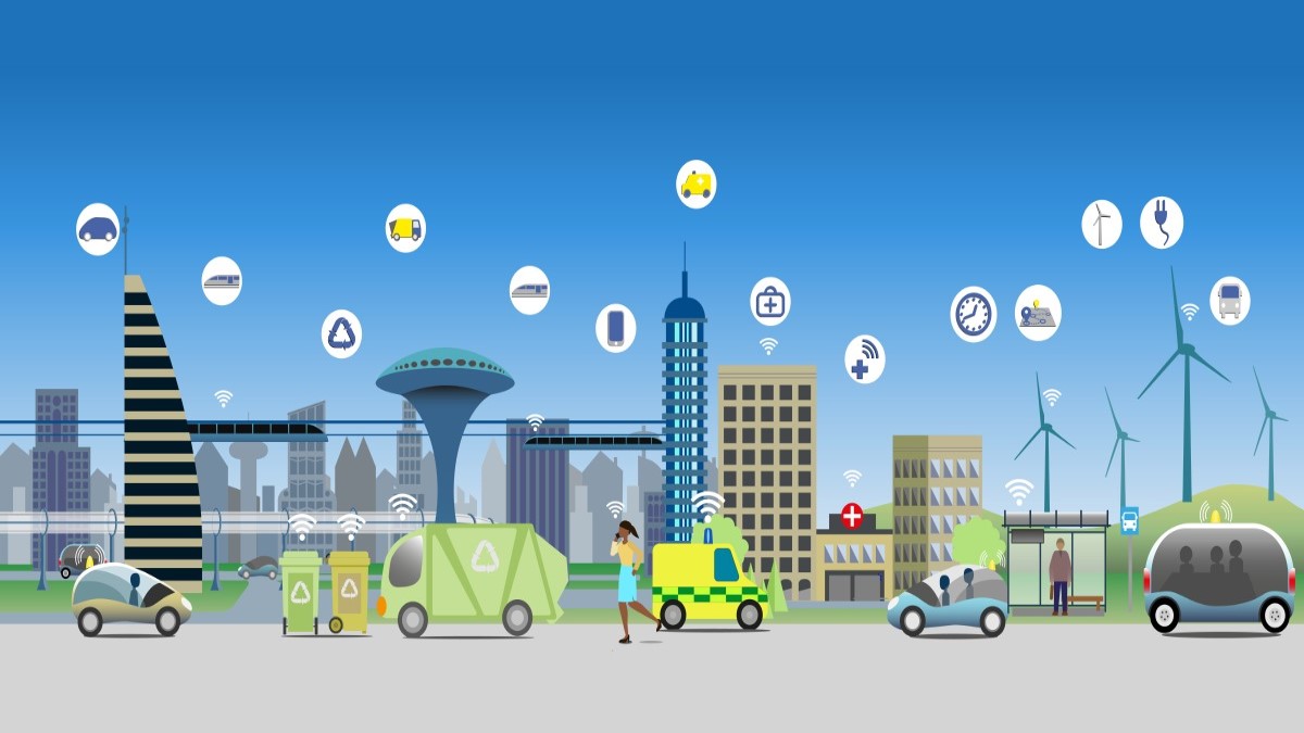 Illustration of a city with many 5G devices in use