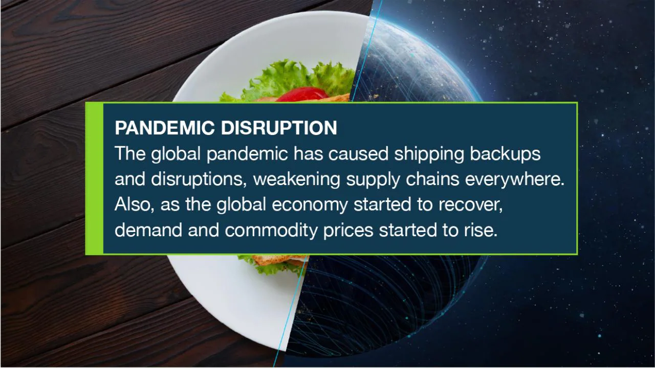 PANDEMIC DISRUPTION The global pandemic has caused shipping backups and disruptions, weakening supply chains everywhere. Also, as the global economy started to recover, demand and commodity prices started to rise.