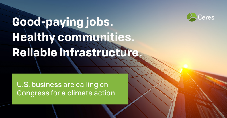 Solar panels. Image reads: Good-paying jobs. Healthy communities. Reliable infrastructure. 