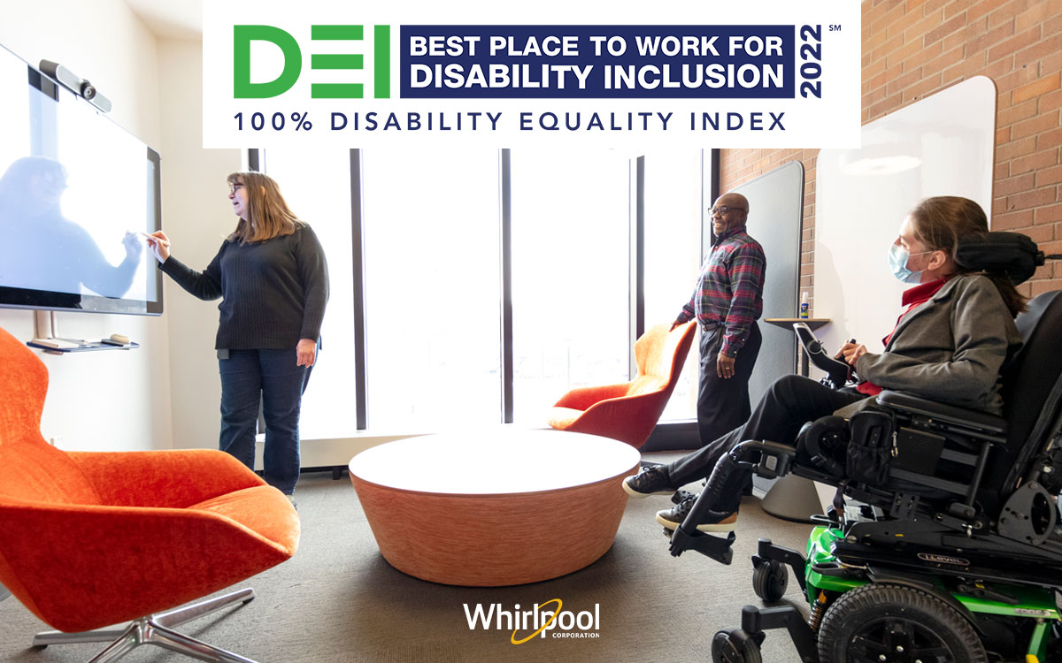 “Best Place To Work for Disability Inclusion” logo above 3 people meeting 