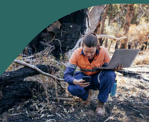 A person knelt down in a forest whilst holding a laptop and mobile device  