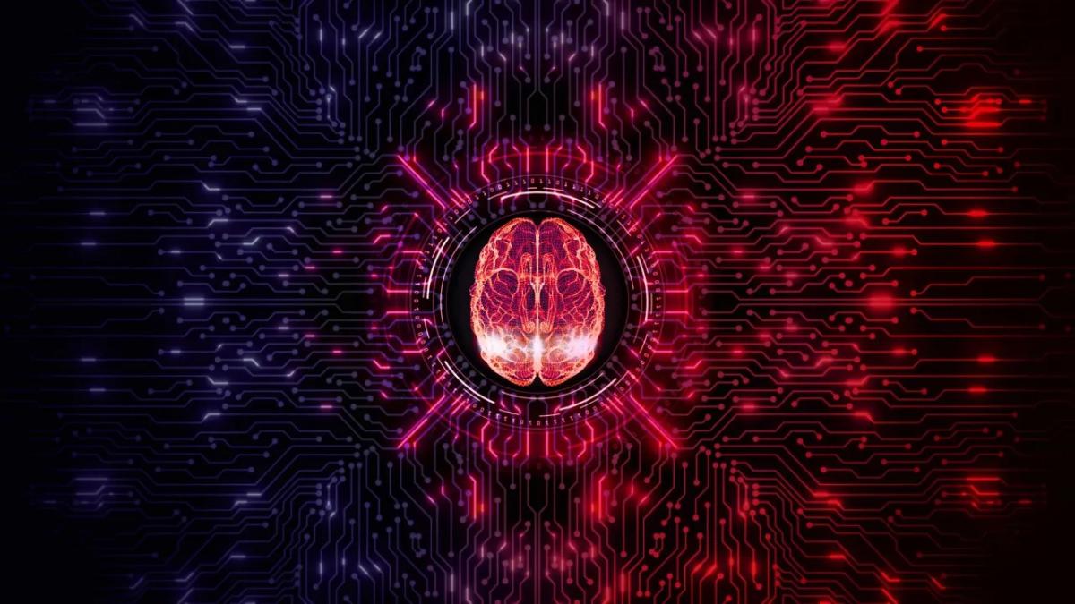 On a black background, a red digital brain with circuits surrounding it.
