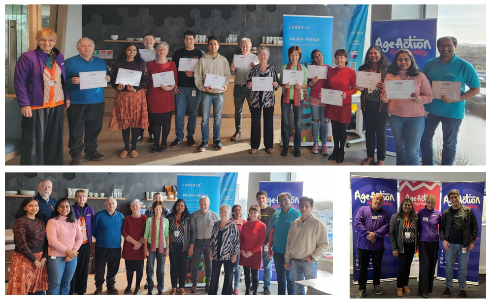 Collage of images of groups of people holding certificates.