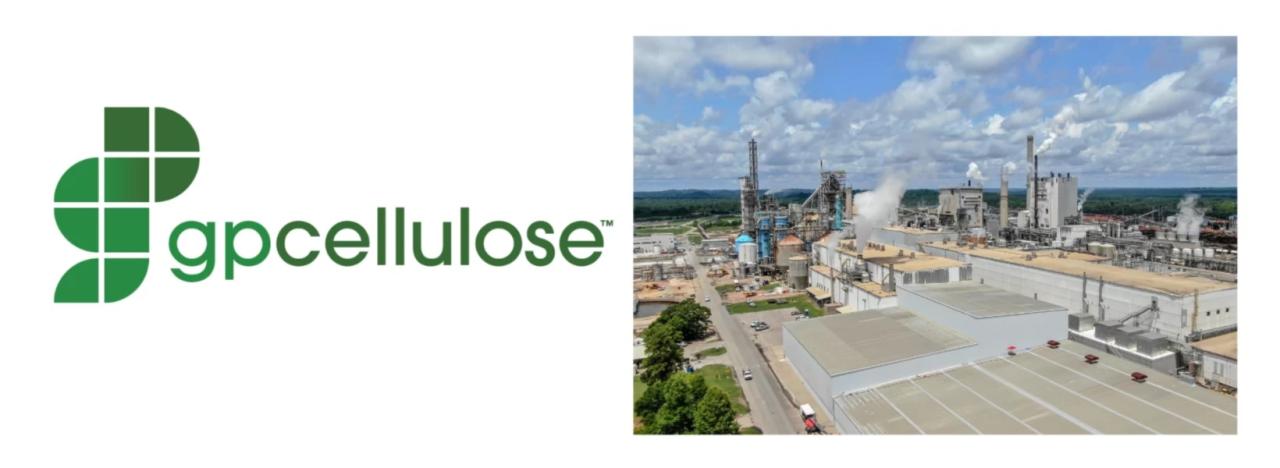 GP Cellulose logo and photo of the outside of Alabama River Cellulose Mill