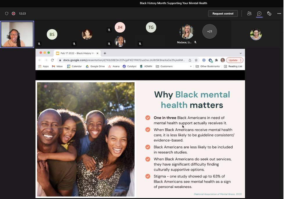 Zoom call screen with photo of 4 people and "Why Black Mental health matters."