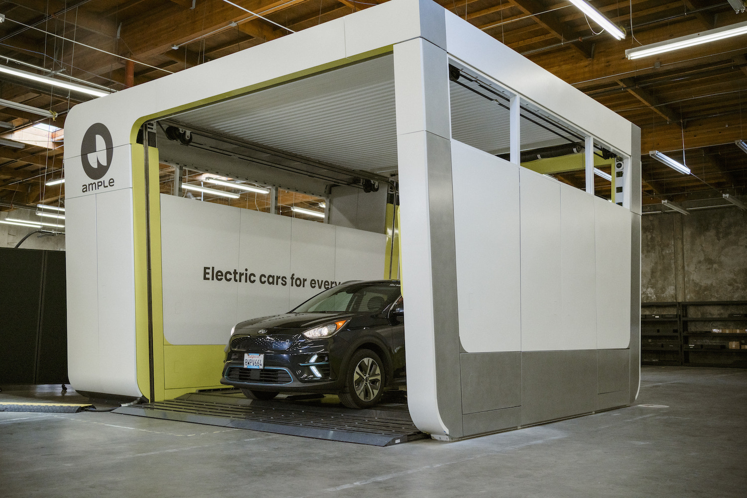 Ample EV charging battery swapping pod in garage