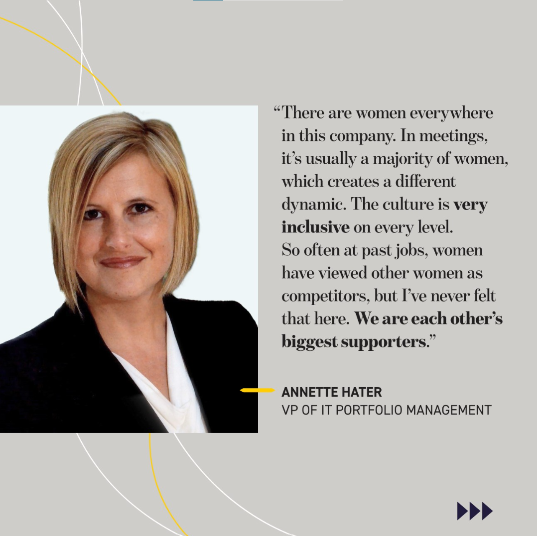 There are women everywhere in this company. In meetings, it’s usually a majority of women which creates a di˜erent dynamic. The culture is very inclusive on every level. So often at past jobs, women have viewed other women as competitors, but I’ve never felt that here. We are each other’s biggest supporters.” , ANNETTE HATER VP OF IT PORTFOLIO MANAGEMENT