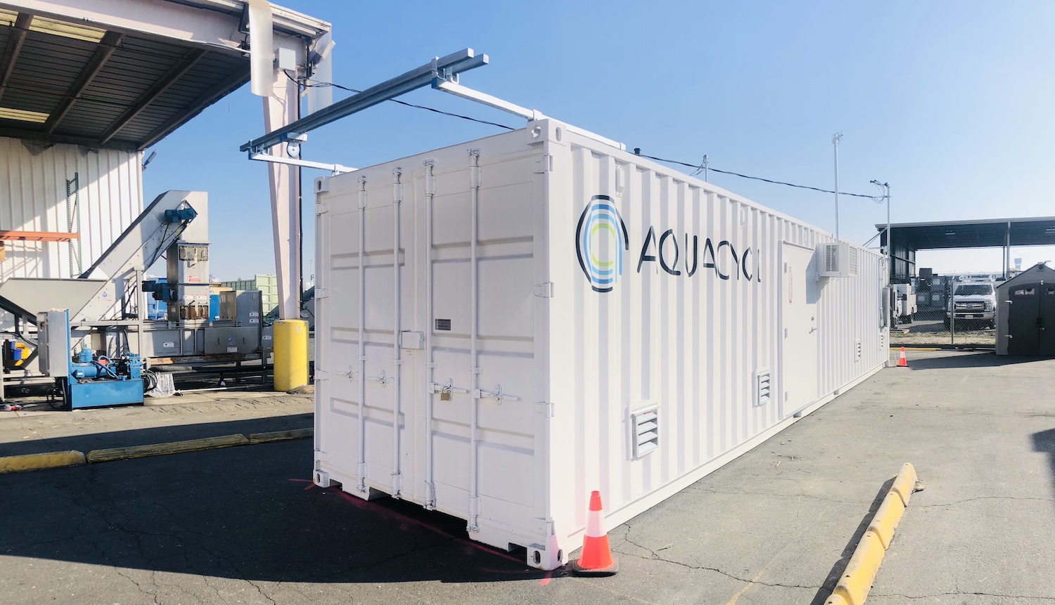 An Aquacycl shipping container, which houses the wastewater treatment technology. 