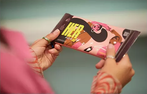 Close of up Hershey bar with the letters "HER" highlighted on the wrapper