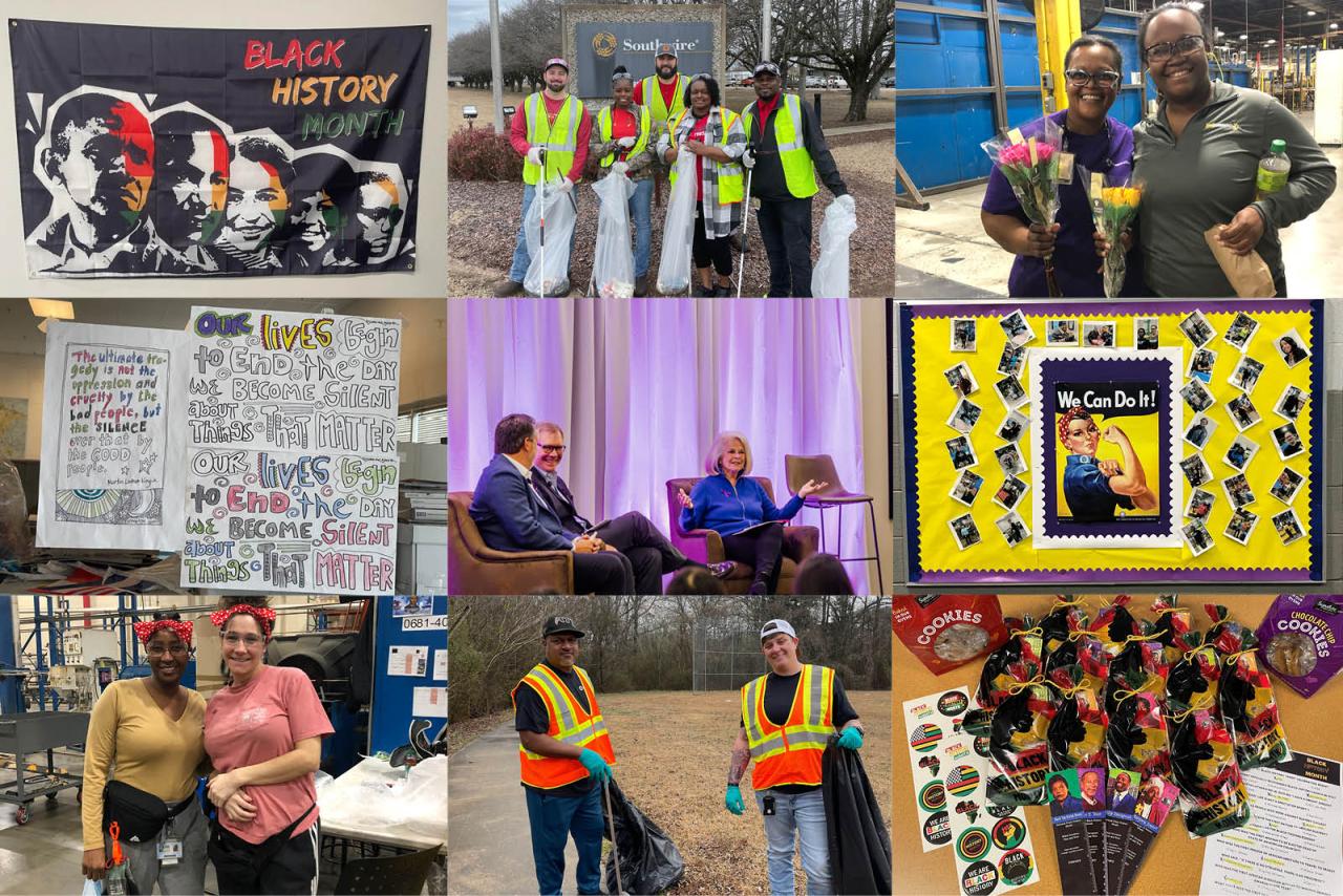Collage of nine photos celebrating Black History Month, volunteering and female employees