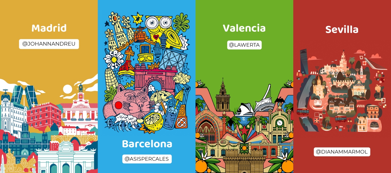 Illustrated graphics of Madrid, Barcelona, Valencia and Sevilla