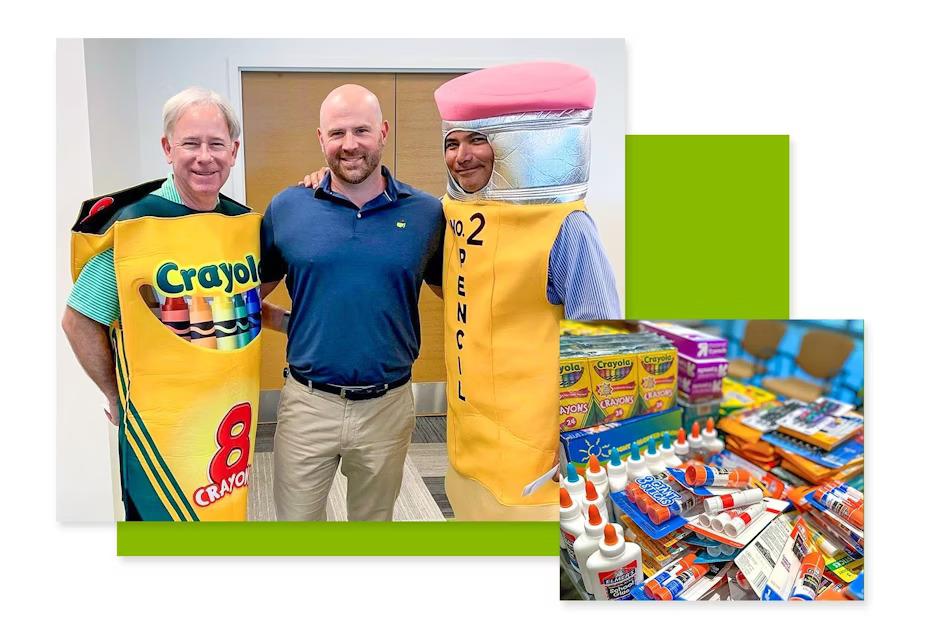 Collage of people dressed in costumes posed and piles of school supplies.