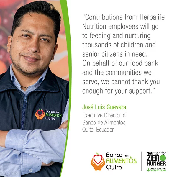 Jose Luis Guevara, quote, and logos for Banco de Alimentos and Nutrition for Zero Hunger