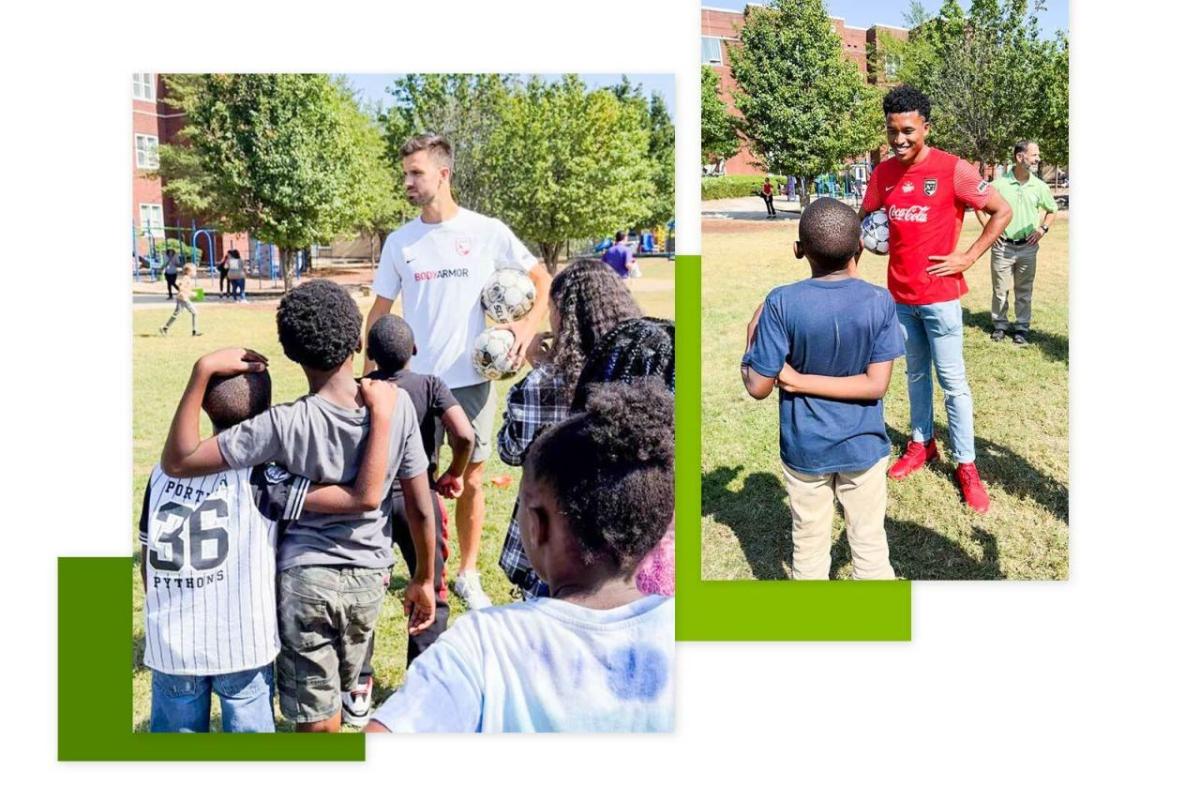 Two separate photo's of soccer professionals talking to children