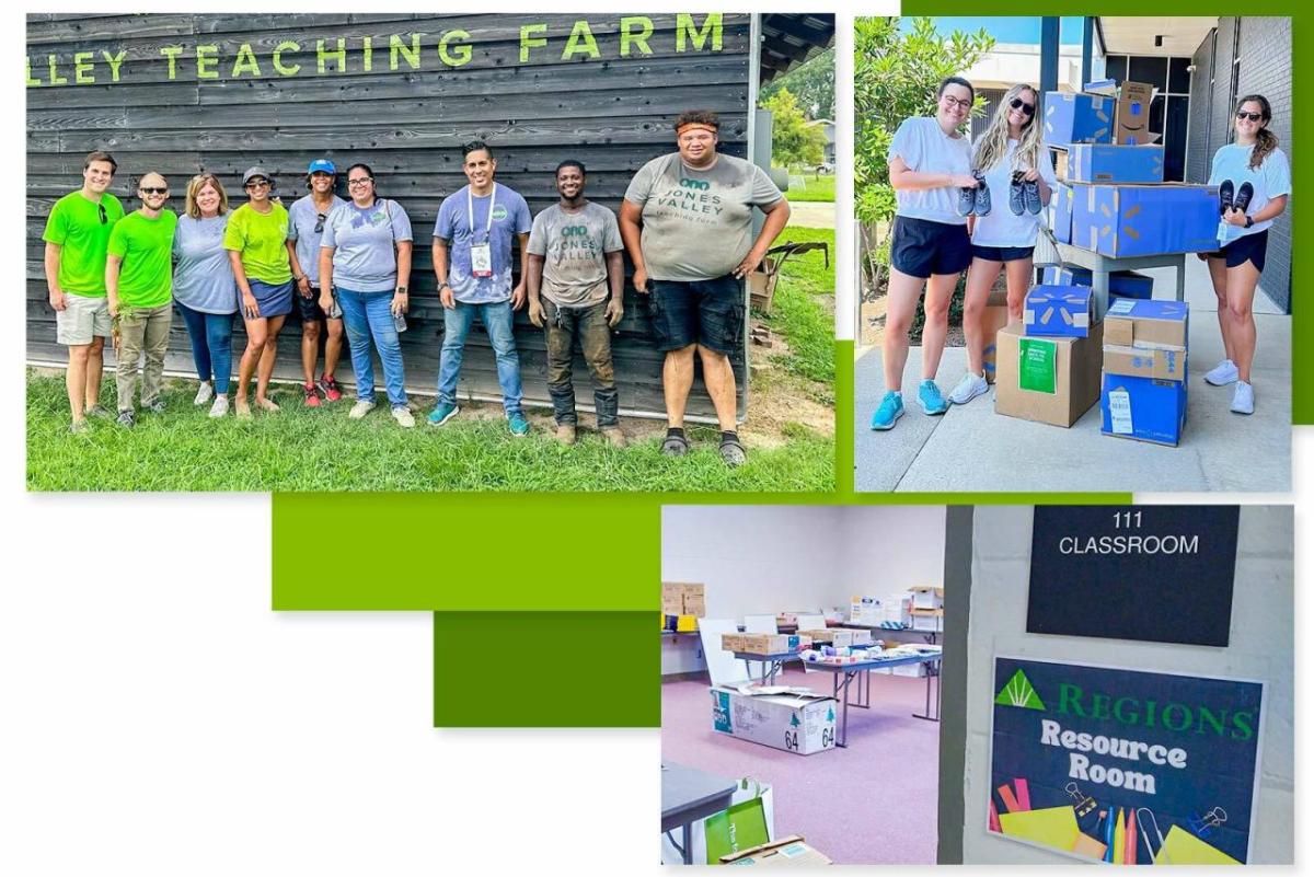 Collage of photos of volunteers on a farm, next to stacks of boxes, and a Resource Room.