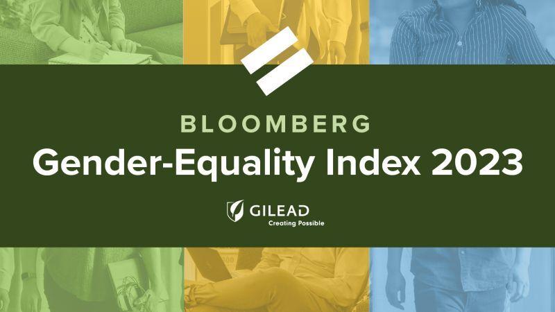 Collage of three photos with green yellow and blue filters, "Bloomberg Gender-Equality Index 2023" and Gilead logo on top of a dark green band across the photos.